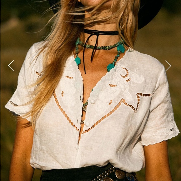 Chasing Unicorns✨ Not Alone Anymore Linen Cutwork Blouse sz M - Picture 6 of 17